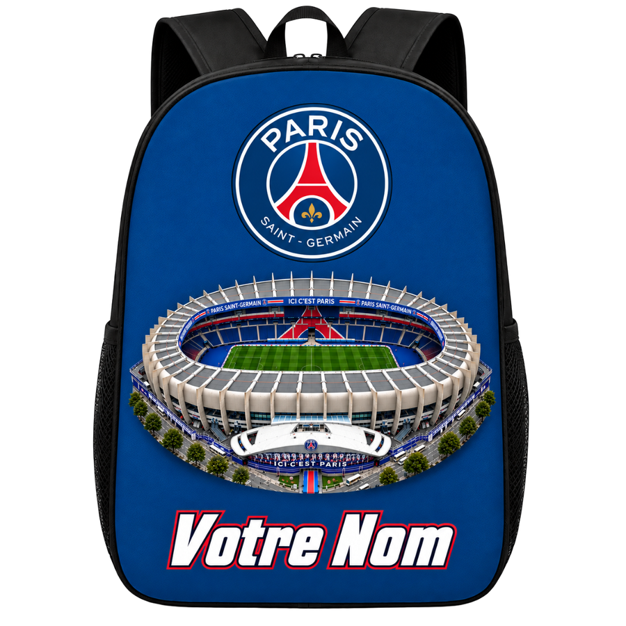 Sac à dos Paris Saint-Germain (PSG) personnalisé avec prénom – logo et stade imprimés sur le devant