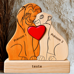 Puzzle famille lions en bois avec 2 prénoms et texte gravé