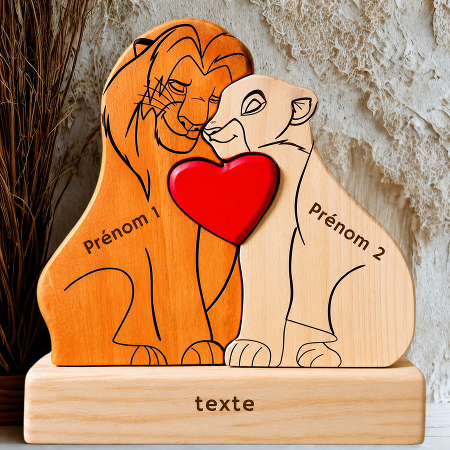 Puzzle famille lions en bois avec 2 prénoms et texte gravé
