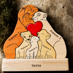 Puzzle famille lions en bois avec 5 prénoms gravés