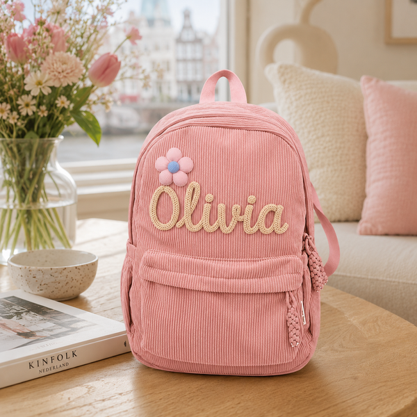 Sac à dos en velours côtelé rose avec prénom Olivia et fleur brodée