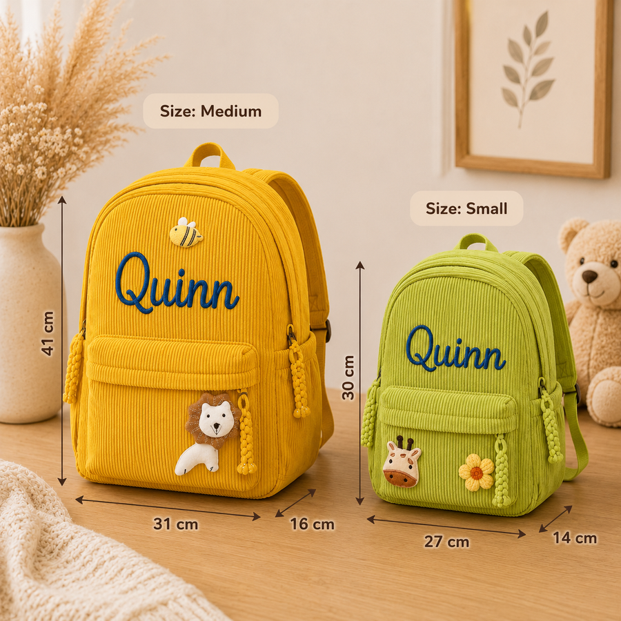 Sac à dos Cord avec prénom — comparaison des tailles S et M