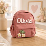 Sac à dos en velours côtelé vieux rose avec prénom Olivia brodé et fleur