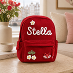 Sac à dos enfant en velours côtelé rouge avec prénom Stella, fleurs et pendentif renard