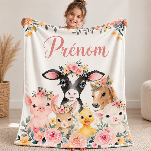 Couverture polaire personnalisée avec prénom, motif animaux de la ferme