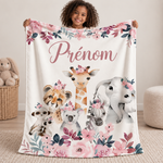 Couverture polaire personnalisée avec prénom, motif animaux et fleurs