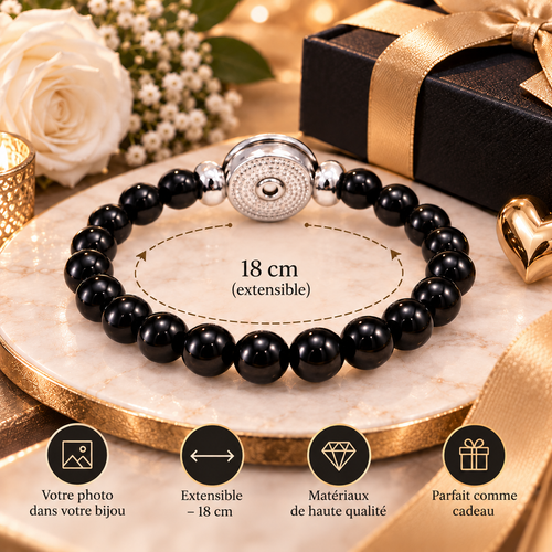 Bracelet photo en perles noires avec médaillon de 18 mm