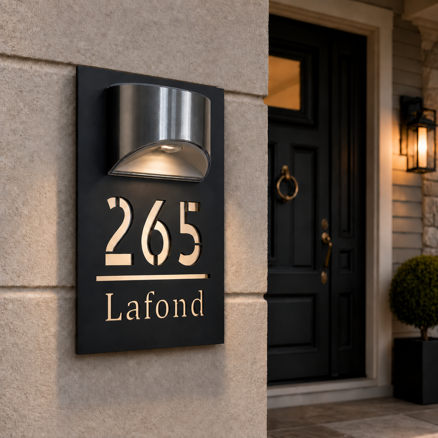 Plaque de maison en acrylique avec lettres 3D et éclairage solaire