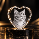 Cœur en cristal avec photo d'un chat gravée au laser
