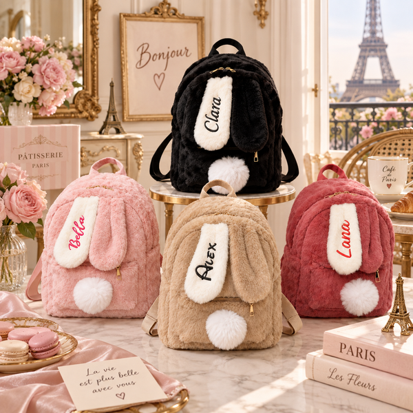 Sacs à dos peluche à oreilles de lapin, coloris rose et noir
