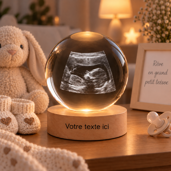Boule de cristal gravée avec photo, sur socle lumineux en bois