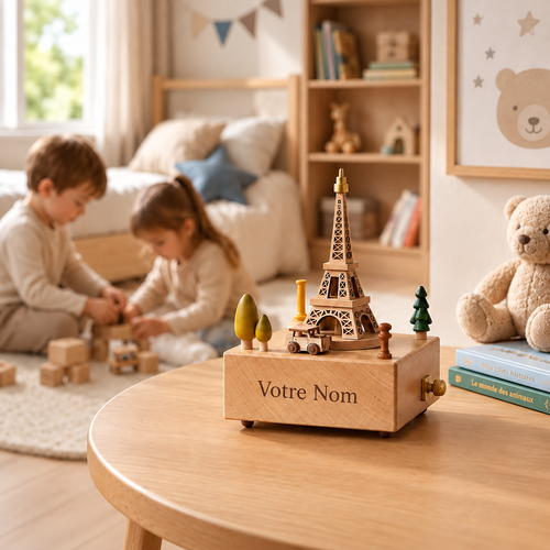 Boîte à musique Tour Eiffel en bois dans une chambre d'enfant