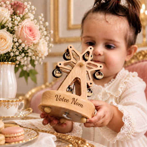 Enfant qui joue avec la boîte à musique manège en bois