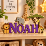 Plaque prénom en bois jungle, lettres violettes