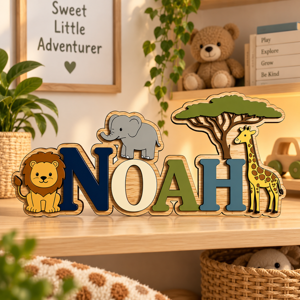 Plaque prénom en bois jungle, lettres multicolores