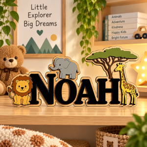 Plaque prénom en bois jungle, lettres noires