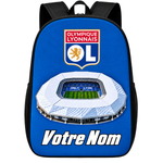 Sac à dos Olympique Lyonnais (OL) personnalisé avec prénom – logo et stade imprimés sur le devant