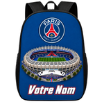 Sac à dos Paris Saint-Germain (PSG) personnalisé avec prénom – logo et stade imprimés sur le devant