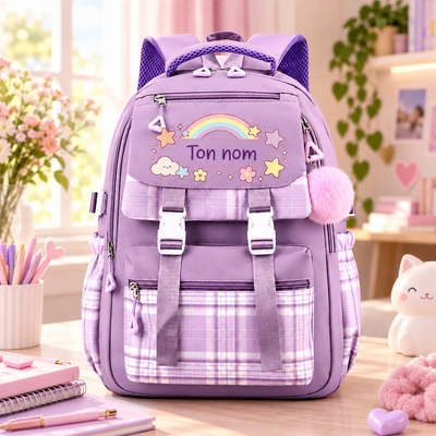 Sac à dos scolaire à carreaux personnalisé, coloris violet