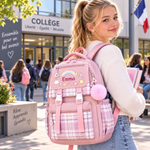 Sac à dos scolaire à carreaux personnalisé, coloris rose