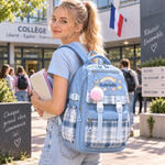 Sac à dos scolaire à carreaux personnalisé, coloris bleu