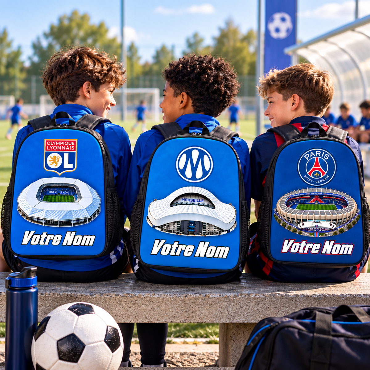 Sac à dos club de football personnalisé avec prénom – OL, OM et PSG portés par des enfants sur le terrain