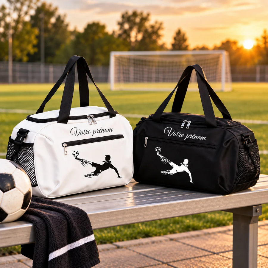 Sac de sport foot personnalisé avec prénom, coloris blanc et noir